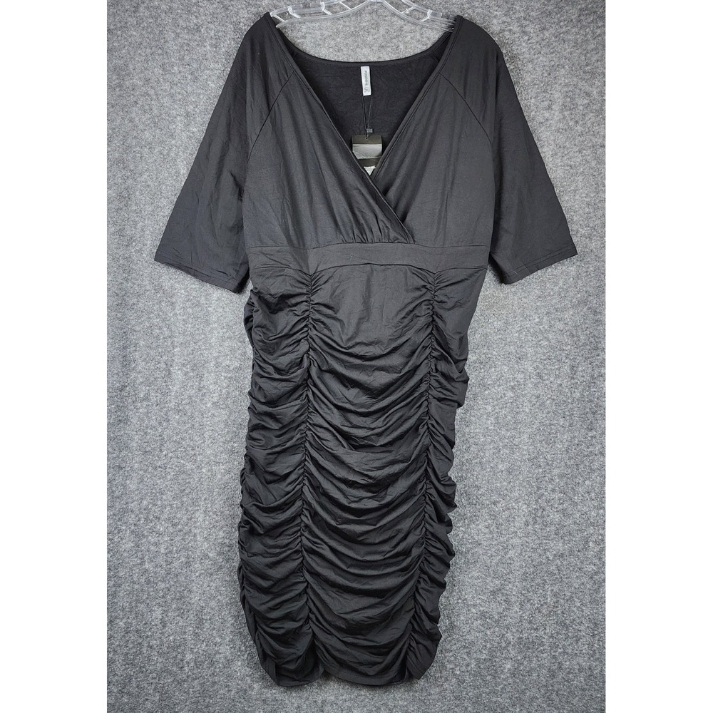 Poseshe Bodycon Dress Women 2XL Black Ruched Surplice V-Neck Half Sleeve NWT